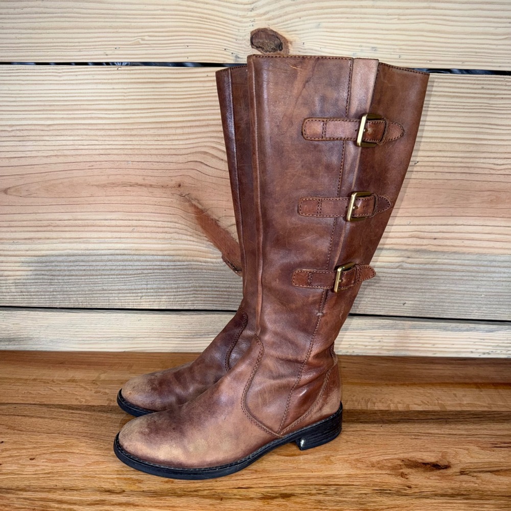 Ecco Women's 38 7/7.5 Brown Distressed Leather Triple Buckle Tall Riding Boots